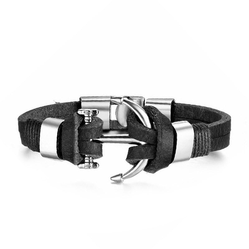 Black and Silver Bracelet For Men Leather Bracelet with Anchor Clasp